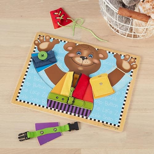 Melissa & Doug Basic Skills Puzzle Board - Wooden Educational ToyLearn to Button Busy Board, Activity for Fine Motor Skills, Developmental Toy for Toddlers Ages 3+ thumbnail 5