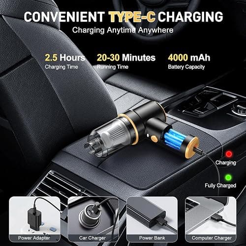 KMM Handheld Car Vacuum Cleaner, 9000PA Vacuum Cleaner & Air Duster, 120W High Power Vacuum Portable Cordless, Hand Held Vacuum Rechargeable with Multi-Nozzles & LED Light for Home, Car, Office thumbnail 4