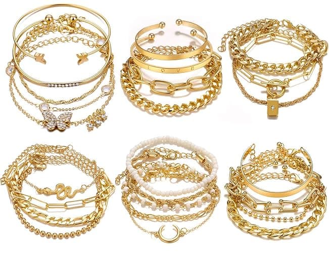 17IF 24-25 Pcs (6 Pack) 14K Gold Ankle Bracelets Set for Women Boho Stackable Bangles Cuff Charm Chunky Wrist Jewelry - Image 1