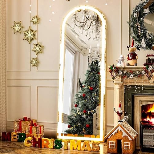 GLSLAND Arched LED Full Length Mirror 64" x 21" Full Body Mirror with Stand Wall Mounted Hanging Mirror with Lights Free Standing Floor Mirror for Bedroom - Image 1
