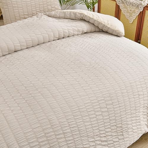 Beige Seersucker Duvet Cover Double Size Puckering Seersucker Bedding Set,2 Pillowcases and Zipper Closure,Soft Microfiber,200x200 cm thumbnail 4