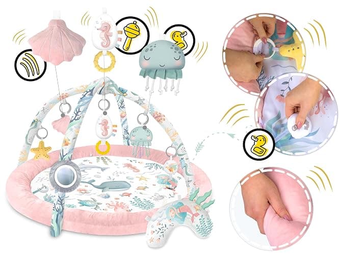 Nukido Spieldecke Mit Spielbogen Baby Spielmatte Babyspieldecke Krabbeldecke 7 Spielzeuge Und Kissen Weich Pflegeleicht Ocean Rosa - Rosa - 97 x 56 cm thumbnail 3