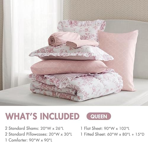Madison Park Essentials Adele Pink Floral Queen Size Comforter Set – Vintage Bed in a Bag with Sheets, Reversible Ruffle Bedding, Elegant Gift for Her thumbnail 6