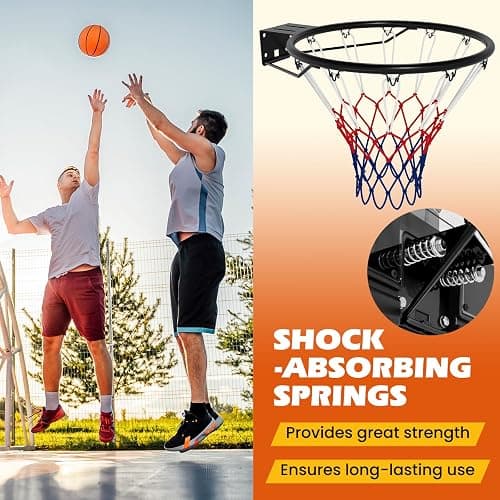 GYMAX Wall Mounted Basketball Hoop, Indoor Outdoor Basketball Rim Replacement with Net, Double Spring and Fixtures, Heavy-Duty Professorial Basketball Ring Goal for Kids Adults (Black, PE Net) thumbnail 2