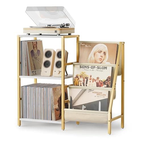 Record Player Stand, Turntable Stand with 3-Tier Vinyl Record Storage, Record Player Table 200 Albums, End Table with Vinyl Display Holder Shelf, Record Player Cabinet Media Console for Stereo,Gold - Image 1