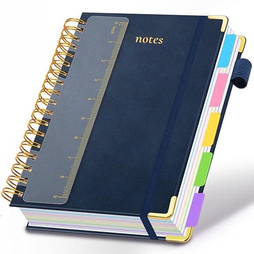 Hardcover Spiral Notebook 8"x10" Journal Notebook with Tabs and Removable Dividers 300 Pages 5 Subject Notebook College Ruled, Faux Leather Spiral Bound Notebook for Women School Work (Dark Blue) - Image 1