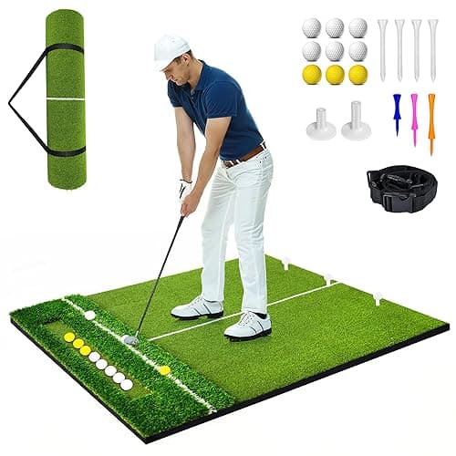 RELIANCER 5x4FT Golf Hitting Mat,2 in-1 Dual-Turf Golfing Swing Mat,Home Artificial Turf Golfs Chipping Mats,Golf Simulator Training Aids w/Integrated Ball Tray,Outdoor Indoor Golf Practice Equipment