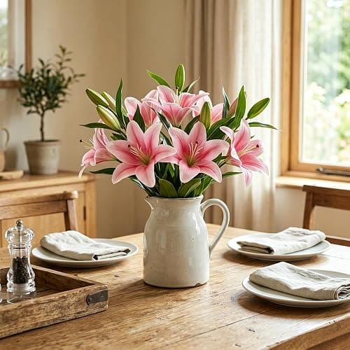 HNVNER 6 Bündel Kunstblumen Lilien, 3D-künstliche Lilien Blumen Rosa | 12 Blüten & 6 Knospen, rahtstiele biegbar, pollenfrei wasserdicht pflegeleicht lilien künstlich,für Hochzeit Home & Büro Deko thumbnail 2