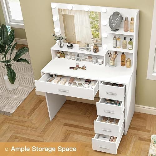 Quimoo Vanity Desk with Mirror & Lights, Makeup Vanity with 5 Drawers & Storage Shelves, White Vanity Table, 3 Color Modes & Adjustable Brightness, Dressing Table, Bedroom thumbnail 3