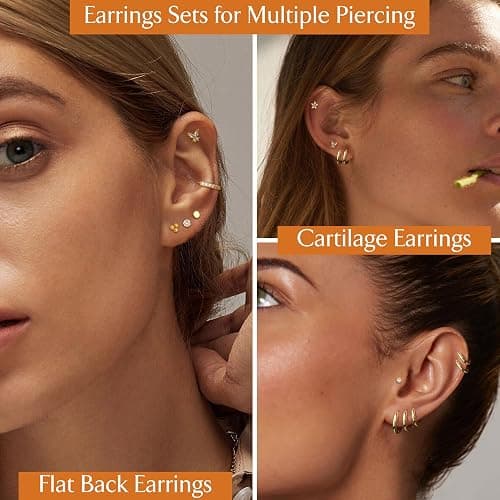 Jstyle Hypoallergenic 14K Gold Plated Flat Back Earrings for Women Men Surgical Stainless Steel Earrings for Sensitive Ears Small Stud Hoop Cartilage Earring Stack Set for Multiple Piercing Jewelry thumbnail 4