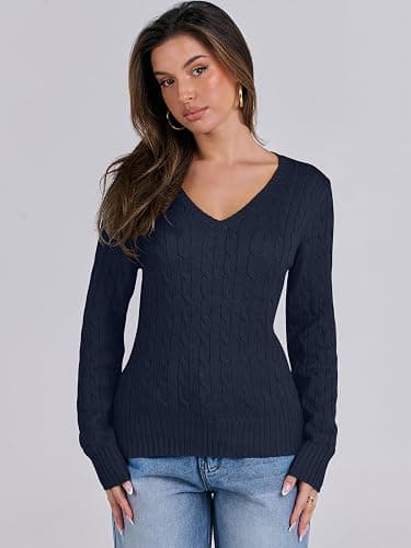 ANRABESS Womens Long Sleeve Cable Knit Sweater 2025 Fall Fashion V Neck Fitted Pullover Top Business Casual Work Fall Outfits thumbnail 3
