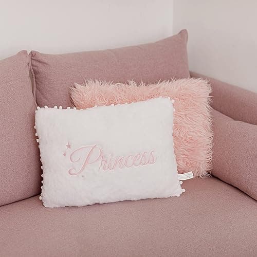 Perfectto Design Set of 2 Decorative Pillows for Toddler Kids Room. White Fluffy Princess Embroidered and Furry Pink Faux Fur Pillow. Soft and Plush Throw Pillows for Kid’s Bedroom Décor thumbnail 7