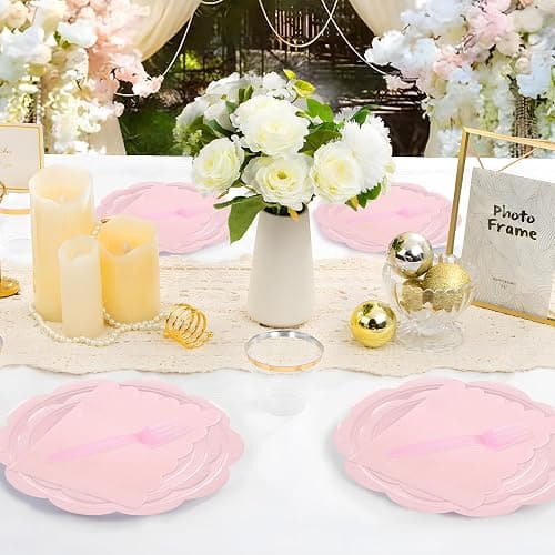Houuqe 96 Pcs Pink Paper Plates and Napkins Set Party Supplies, Tableware set for 24 Guest include Disposable Pink Scalloped Plates, Napkins and Forks for Baby Shower Bridal Shower Wedding thumbnail 2