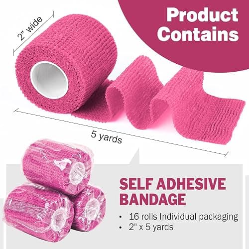 AZEN 16 Pack Self Adhesive Bandage Wrap Pink, 2" X 5 Yards Elastic Cohesive Bandage Wrap, Athletic Tape, Vet Wrap, Ankle Tape, Tattoo Grip Tape Wrap (Pink) thumbnail 2