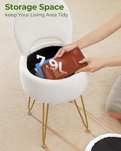 GREENSTELL Small Vanity Stool Chair with Storage and Folding Back, 13" x 13" x 17.7" Faux Fur Soft Ottoman for Teenager, 4 Metal Legs with Anti-Slip Feet, Furry Padded Seat for Makeup, Bedroom, White thumbnail 4