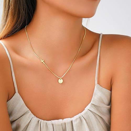 Cross Necklace for Women with Initial, 14K Gold Plated Letter Pendant Small Cross Chain Necklaces Dainty Gold Necklace for Women Baptism Religious Faith Jewelry Gift Christmas Stocking Stuffers thumbnail 4