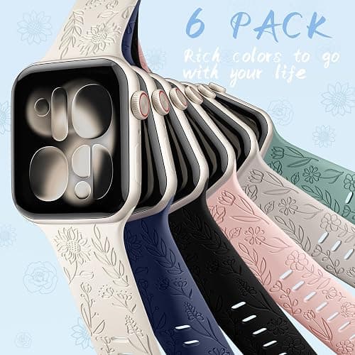 SNBLK 6 Pack Floral Engraved Bands Compatible with Apple Watch Bands 40mm 41mm 42mm 38mm 44mm 45mm 46mm 49mm Women Men, Silicone Flower Pattern Strap for iWatch Series 11 10 Se Ultra 9 8 7 6 5 4 3 2 1 thumbnail 9