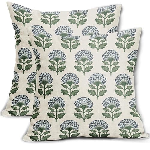Aytipun Blue Green Floral Block Print Pillow Covers 18x18 Set of 2 Flower Pattern Cream Spring Summer Decorative Throw Pillowcases Outdoor Rustic Farmhouse Cushion Cases Decor for Home Couch Sofa Bed - Image 1
