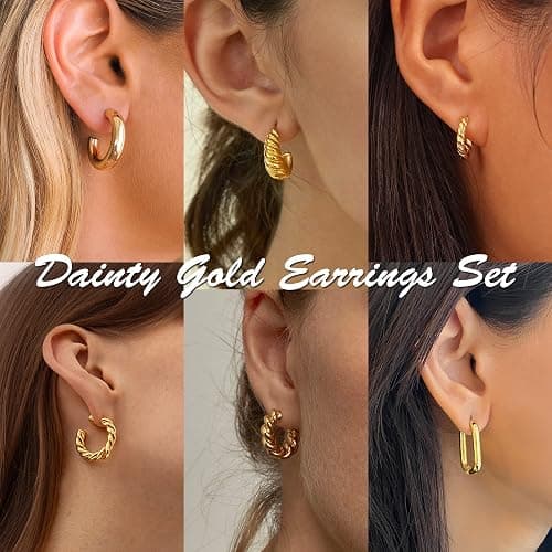 IDJEOABL 9 Pairs Gold/Sterling Silver/Rose Gold Plated Hoop Earrings Set for Women Trendy Chunky Gold Hoops 14K Real Gold Plated Small Huggie Earrings for Sensitive Ears Non Tarnish Jewelry for Gifts thumbnail 3
