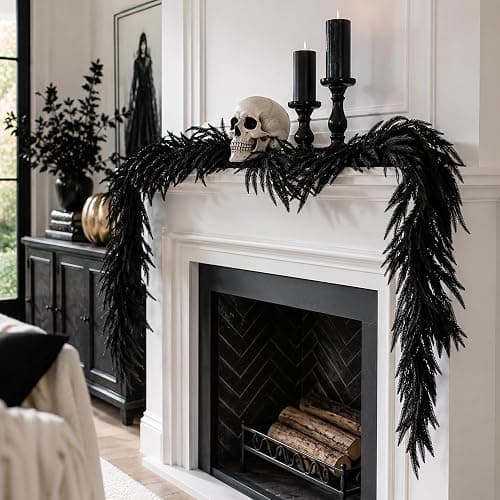 2 Pcs 12ft Black Halloween Norfolk Pine Garland, Realistic Gothic Faux Garland Mantle Decoration, Black Artificial Hanging Vine Twigs for Door Fireplace Mantle Stairs Holiday Home Party Decoration thumbnail 5