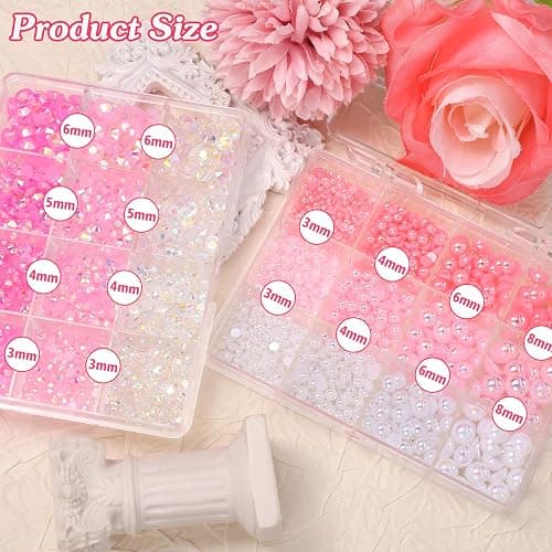 2 Boxes Pink White Flatback Pearls and Resin Rhinestones for Crafting, 3-6 mm Jelly Rhinestones, Mixed Size Half Pearl Bedazzling Gems for Nail DIY Crafts Mugs Bottles Tumblers Clothes Makeup thumbnail 3