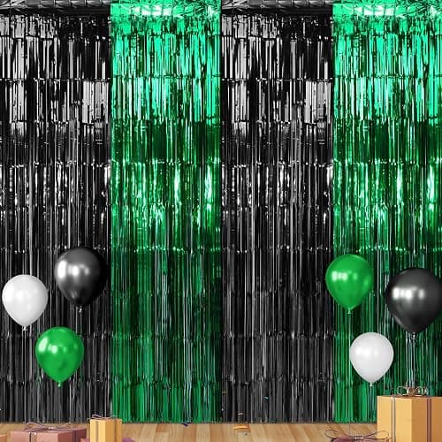 3Pack 3.3Ft x 6.6Ft Graduation Foil Fringe Curtain Backdrop Decorations, Green Black Metallic Tinsel Foil Streamers Curtain Photo Booth Background for Graduation Prom Wedding Birthday Party Decoration - Image 1