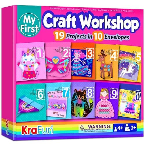 KRAFUN My First Craft Workshop Art and Craft Kit for Kids - 19 Projects in 10 Envelopes, Unicorn, Mermaid, Princess & Llama Crafts, Creative Educational Activity Gift for Girls Toddlers Ages 3 4 5+ - Image 1