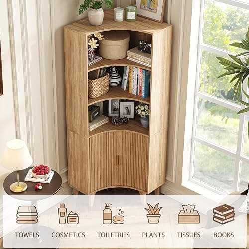 Vudanfe Tall Corner Cabinet with Fluted Doors, 5-Tier Coffee Bar Cabinet with Storage, Narrow Storage Cabinets with Adjustable Shelves, Bathroom Organizers and Storage for Small Space, Natural thumbnail 6