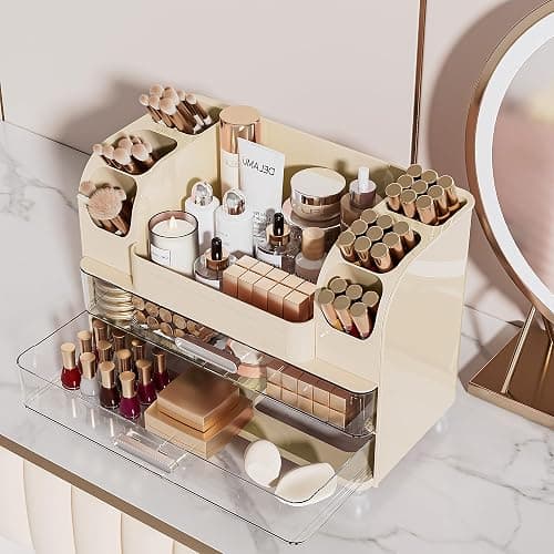 Delamu Large Makeup Organizer Countertop with 6 Brush Holders, Cream White | Vanity Organizer with 2 Drawers, Gift for Women & Girls, Holds Perfume, Skincare, Lipstick, Nail Polish & Hair Accessories thumbnail 6
