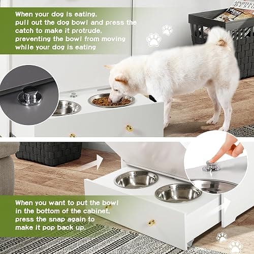 TITIMO Pet Feeder Station,Dog Food Storage Cabinet Container with 2 Pull Out Dog Elevated Bowls and Hanger,Pet Toy Storage Organizer,Feeding & Watering Pet Supplies (White) thumbnail 5