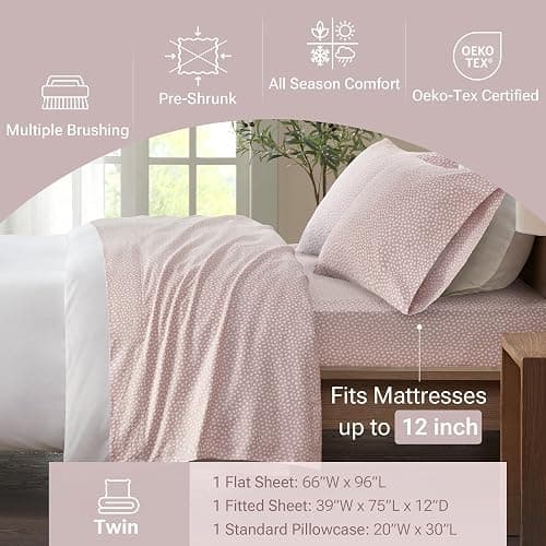 True North by Sleep Philosophy Cozy Flannel Warm 100% Cotton Sheet - Novelty Print Animals Stars Cute Ultra Soft Cold Weather Bedding Set, Twin, Blush Dots 3 Piece thumbnail 5