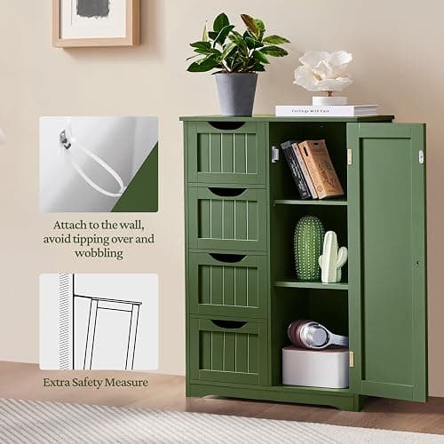 Yaheetech Wooden Bathroom Floor Cabinet, Side Storage Organizer Cabinet with 4 Drawers and 1 Cupboard, Freestanding Entryway Storage Unit Console Table, Bathroom Furniture Home Decor, Green thumbnail 5