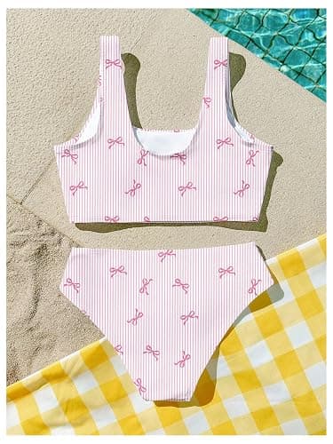 RoseSeek Girl's 2 Piece Striped Bowknot Swimsuit Set Wireless Cute Bathing Suit Summer Beachwear Bikini Sets thumbnail 2