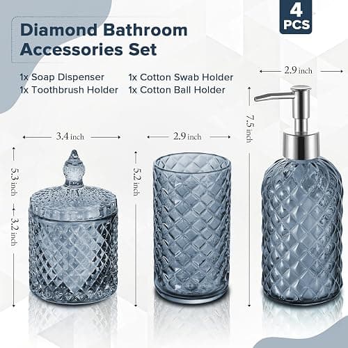 RYTOXILO Blue Bathroom Accessories Set, 4 Pack Light Blue Bathroom Decor Accessory Sets Complete, Diamond Glass Soap Dispenser and Toothbrush Holder Set for Bath Counter Organizer Essentials thumbnail 3