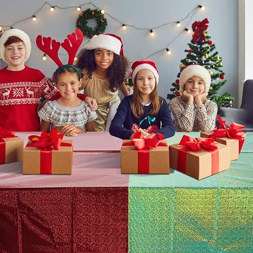12 Pack Iridescent Red and Green Plastic Tablecloth 54x108 Inch, Holographic Laser Disposable Table Cover, Rectangle Red and Green Table Cloth for Christmas Holiday Birthday Party Decorations thumbnail 6