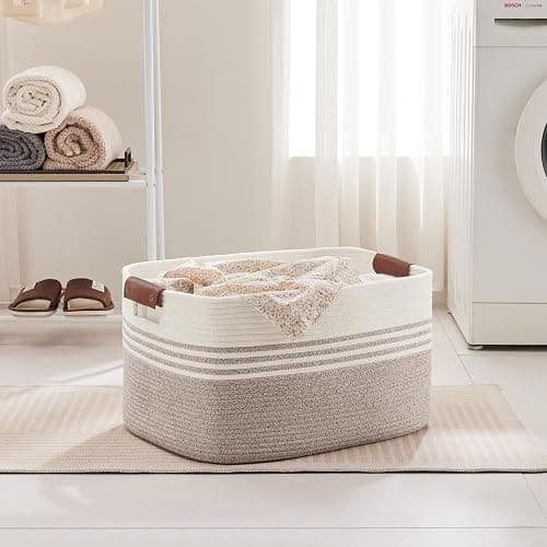 SunNewt 72L Large Laundry Basket with Leather Handles for Living Room Storage, Woven Rope Baskets Bin for Blanket, Gifts, Wicker Hamper for Bedroom Dirty Clothes, 22"x17"x12" White Brown thumbnail 3