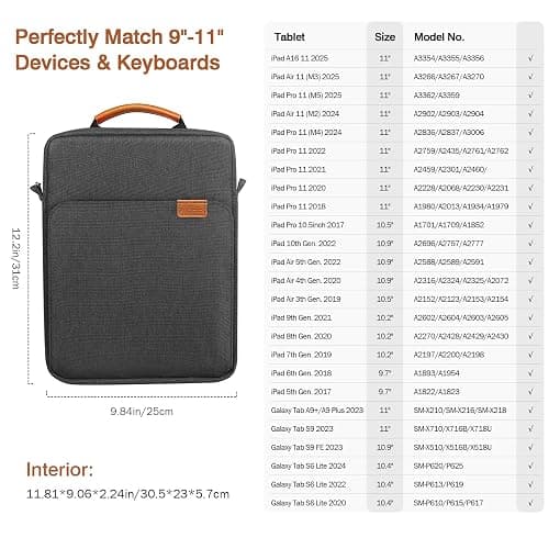 MoKo 9-11 Inch Tablet Sleeve Bag Handle Carrying Case with Shoulder Strap | Fits iPad Pro/Air/A16 11-inch, iPad 10th 10.9, iPad 9/8/7th 10.2, iPadAir 5/4th 10.9 and Tab S8/S9 11-inch, Black & Gray thumbnail 2