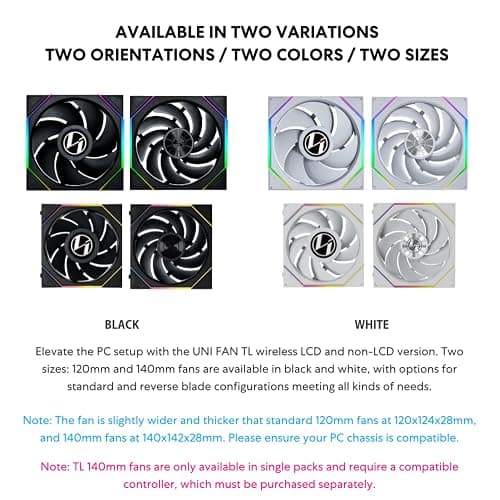 Lian Li UNI Fan TL LCD Wireless 140-Single Pack(Reverse Blade)-2.4 GHz Wireless Signal 140MM ARGB Fan-Infinity Mirror-Daisy-Chain-Lighting Effects-Controller NOT Included&Required-Black (14RTLLCD1W1B) thumbnail 2