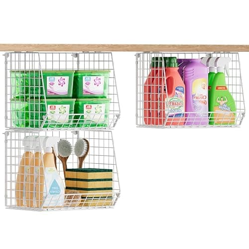 3 Pack Screw Mount Under The Wooden Shelf Laundry Room Organizer: Foldable Wire Basket Space Saving Over The Washer and Dryer - Laundry Organization and Storage, White Patent thumbnail 7