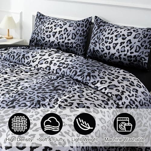A Nice Night Leopard Printed，Silver Grey Satin Silky Soft Quilt Sexy Luxury Super Soft Microfiber Comforter Quilt Bedding 5PCS Comforter Set, Light Weighted (Silver, Queen(88-by-88-inches)) thumbnail 5