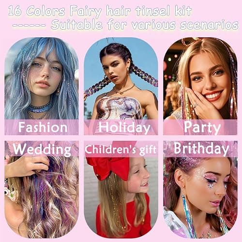 Hair Tinsel Kit With Tool 6800 strands 16 Colors Fairy Hair Tinsel, Sparkling Shiny Hair Tinsel Heat Resistant Highlights Glitter Tinsel Hair Extensions (48 Inch) thumbnail 4