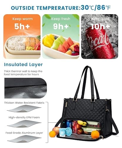 LOVEVOOK Lunch Tote Bag for Women, 15.6 Inch Laptop Bag with Insulated Lunch Compartment, Quilted Large Capacity Computer Handbag with Purse for Business, Work, Nurse, Office, Collage, Casual, Black thumbnail 3