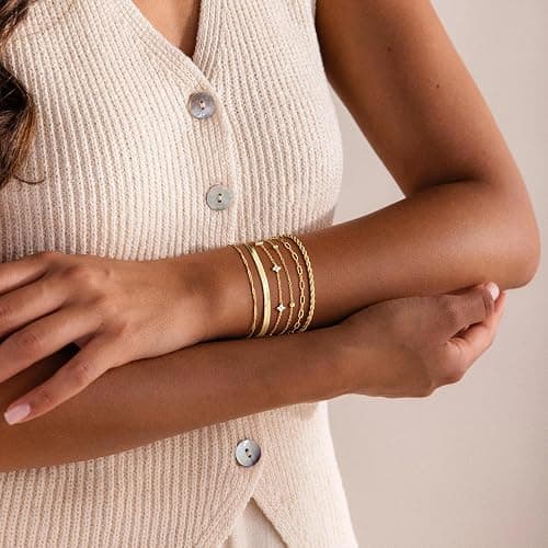 M MOOHAM Gold Bracelets Set for Women No Tarnish | 14K Gold Plated, Dainty Stackable Bracelets Stack for Women, Herringbone Paperclip Rope Cuban Chain Bracelet Set Stack thumbnail 4