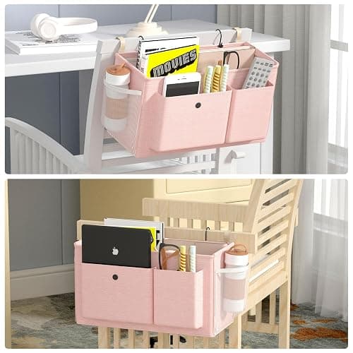 Bedside Caddy Bedside Organizer with Fixed Straps & Water Bottle Holder, Bunk Bed Caddy ideal for Home, Dorm, Hospital, Crib, Versatile Bedside Storage Solution (Pink) thumbnail 8
