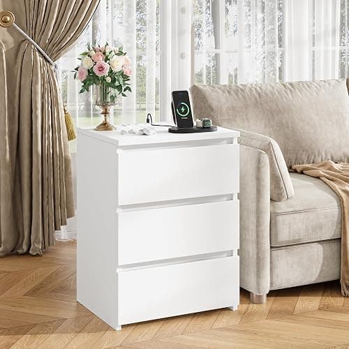FOTOSOK White Nightstand, 26" H Night Stand with Charging Station, White Nightstand with USB Ports & Power Outlets, Silent Slides, Wooden End Side Table Bedside Table with 3 Drawers for Bedroom thumbnail 7