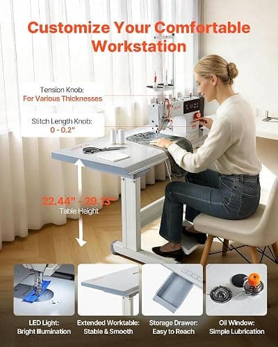 VEVOR Industrial Sewing Machine, 550W Lockstitch Sewing Machine Set with Servo Motor and Table Stand, 5000 SPM High Speed, Metal Frame, LCD Panel, LED Light, for Cotton, Wool, Denim, Leather, Canvas thumbnail 7