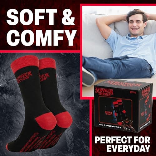 Get Trend Stranger Things 11oz Mug and Socks Set, Novelty Valentines Day Gifts for Men, Women, Teens, Crew Socks with Ceramic Coffee Mug Microwave Safe (Red/Black Stranger Things) thumbnail 4