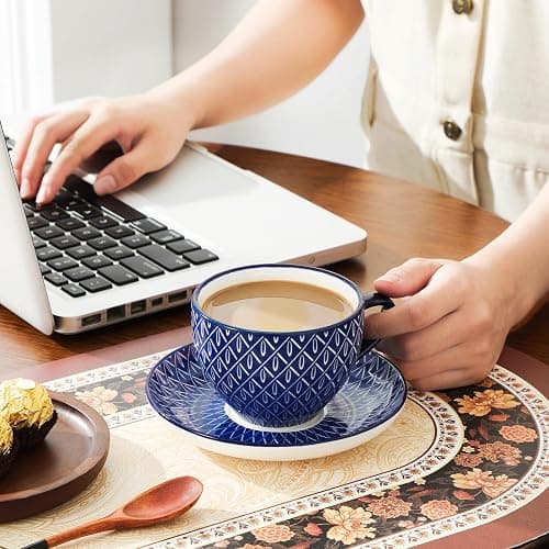 vancasso Selene 240 ml Porcelain Cup and Saucer Set of 6, Blue-and-White | Floral Patterned Vintage Coffee Cups Set for All Kinds of Drinks/Tea/Espresso/Latte/Cappuccino, Dishwasher & Microwave Safe thumbnail 2