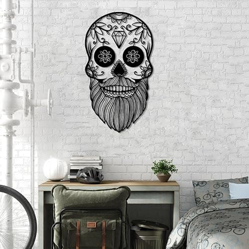 RUNBOAT Sugar Skull Metal Wall Art, Skeleton Metal Sign Wall Art, Gothic Metal Wall Decor, Skull Wall Decor, Sugar Skull Decor, Halloween Decor for Living Room, Bedroom, Bar (Gold, 30x17in|76x43cm) - Gold - 30x17in|76x43cm thumbnail 3