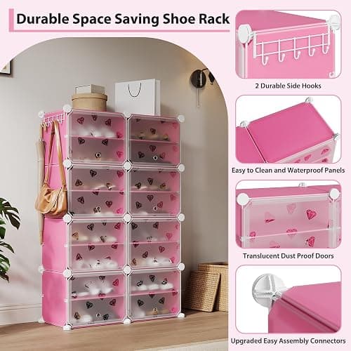 TrailBlaze 8-Tier Expandable Shoe Rack Organizer – Plastic Closet Shoe Storage Cabinet with PVC Shelves and Door – Space-Saving Design for Entryway, Bedroom, Hallway – Pink thumbnail 6